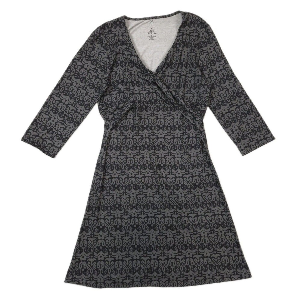 prAna Faux Wrap Dress L Black Gray Print 3/4 Sleeve V Neck Sustainable Stretch